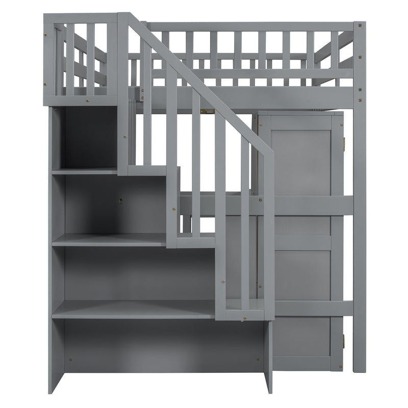 Loft Bed With Stairs, Bookshelf, Drawers, Desk & Wardrobe, Space Saving Multifunctional Furniture