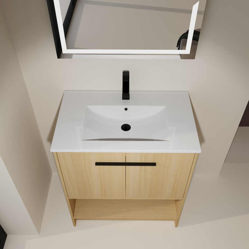 Modern Bathroom Vanity With Ceramic Sink, Freestanding Cabinet, Soft Closing Doors