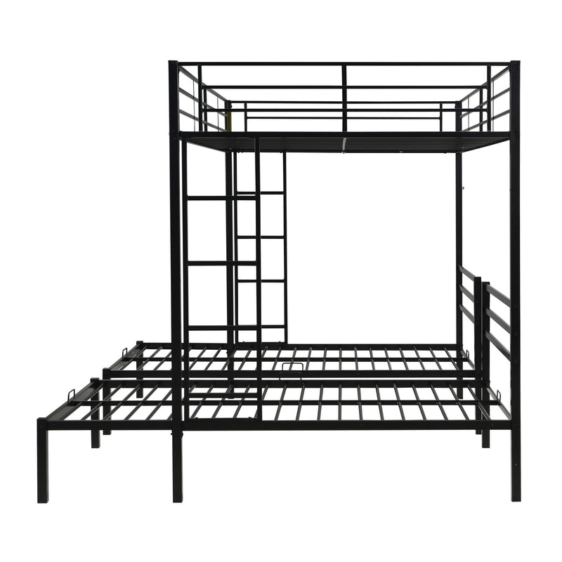 Modern Metal Triple Bunk Bed With Vertical Ladder, Safety Rail, And Storage Shelf - Black