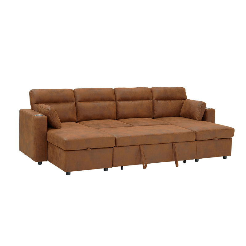 Convertible Sectional Sofa With Storage Chaise, Cup Holders And Pull Out Sleeper
