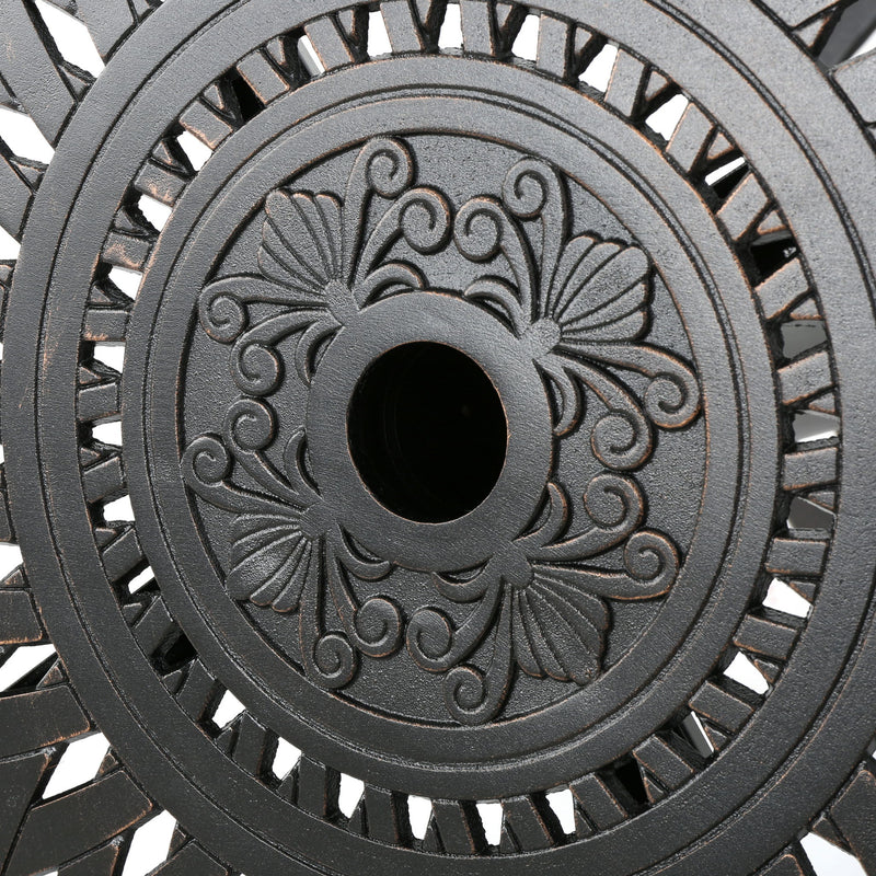 Elegant Cast Aluminum Round Bar Table With Romantic Filigree Design - Copper
