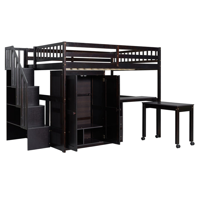 Loft Bed With Stairs, Bookshelf, Drawers, Desk & Wardrobe, Space Saving Multifunctional Furniture