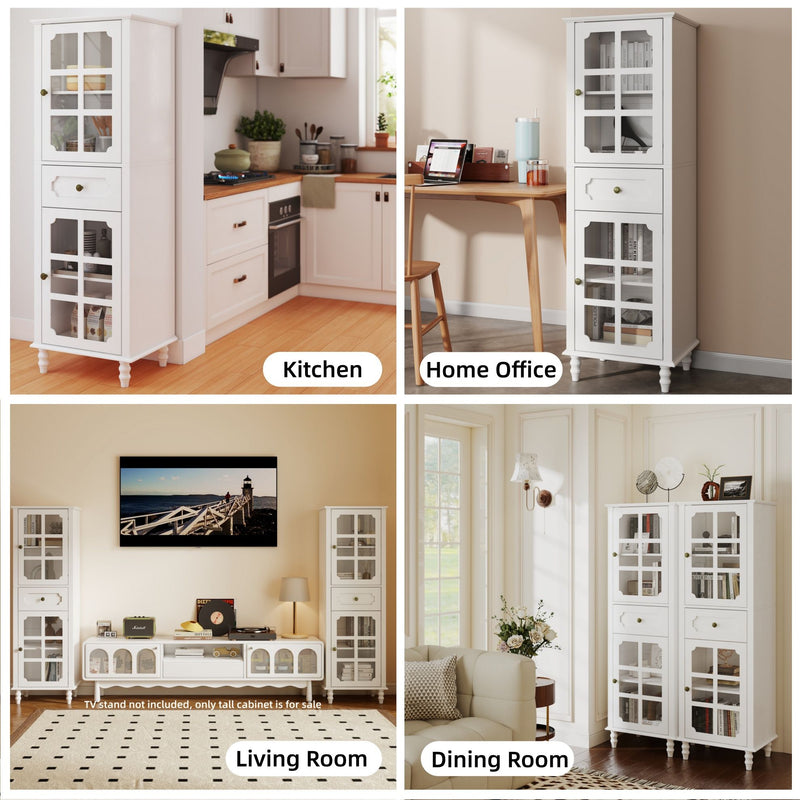 Storage Cabinet, Freestanding Curio Cabinet With Grid Doors & Drawer, Pantry Display Cabinet For Kitchen