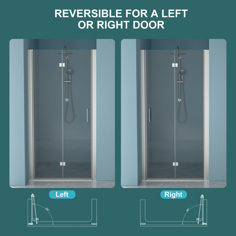 Frameless Bi Fold Shower Door With Tempered Glass - Brushed Silver