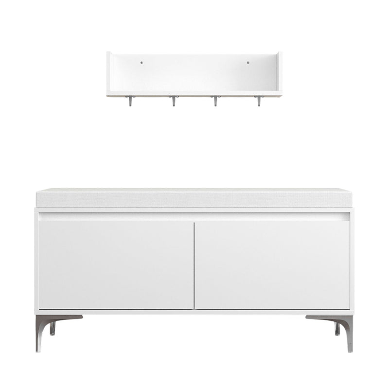 Wall Mounted Entryway Shelf With Hooks And Storage Bench Set - Off White