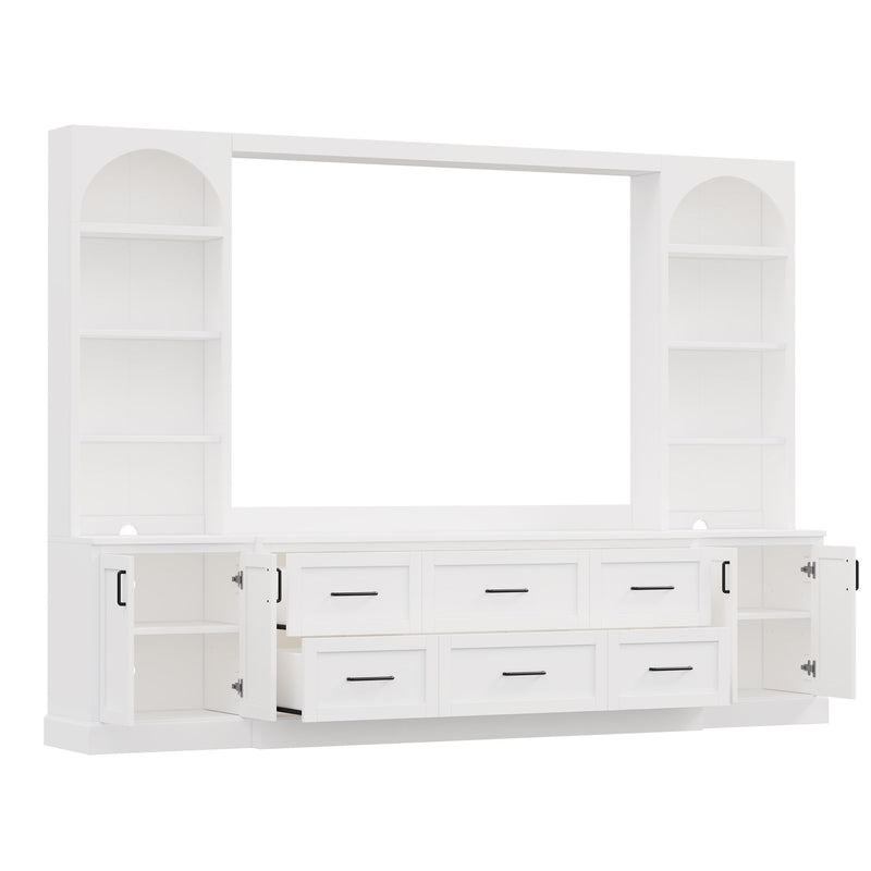 Arched Entertainment Center Wall Unit With 6 Drawers, Large TV Stand With Bookshelves