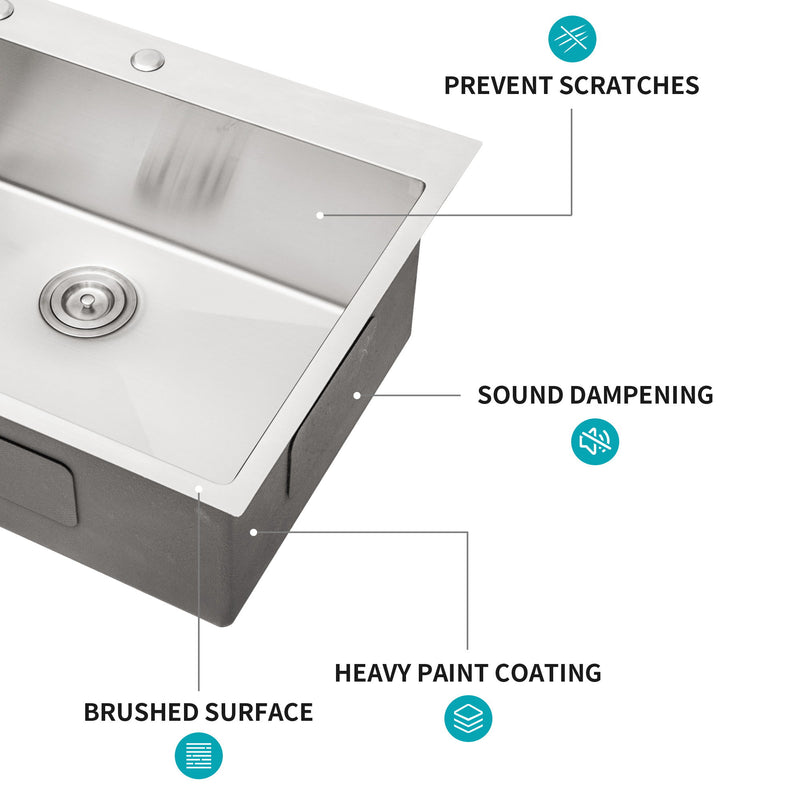 Drop In Kitchen Sink, 16 Gauge Stainless Steel, Single Bowl, Topmount Basin