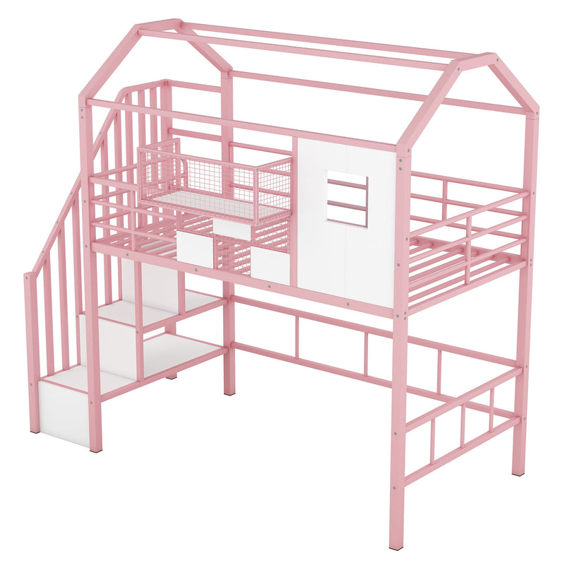 Metal Loft Bed With Roof Design And Storage Box With Guardrails And Integrated Ladder