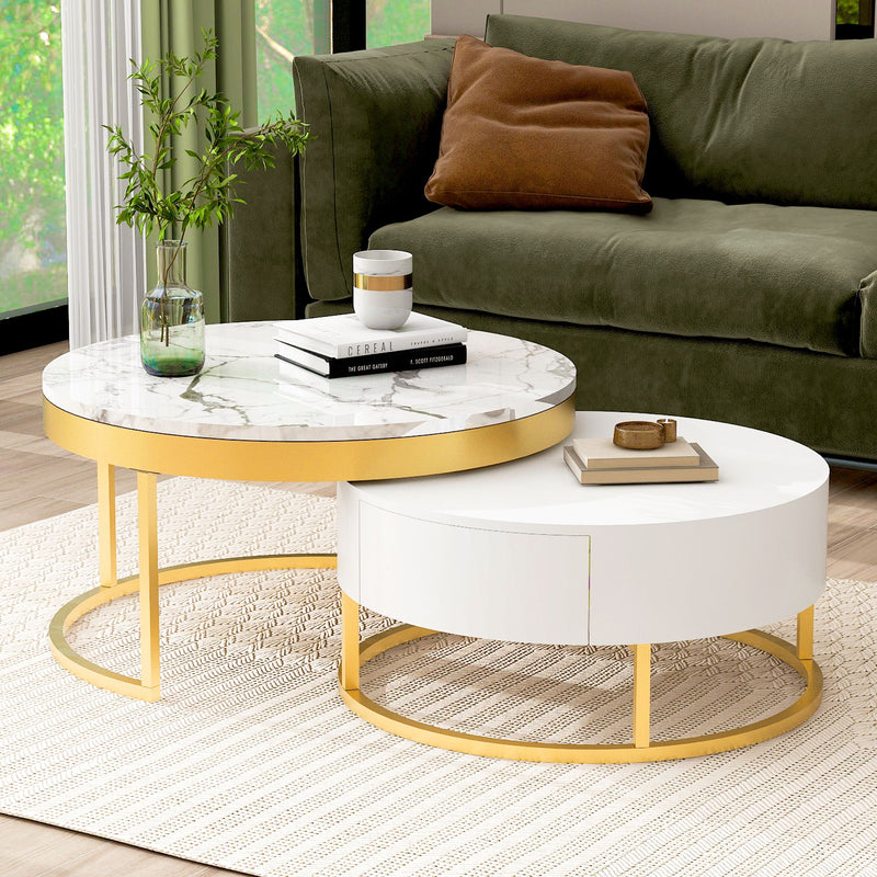 Round Nesting Coffee Table With Drawers - Golden / White