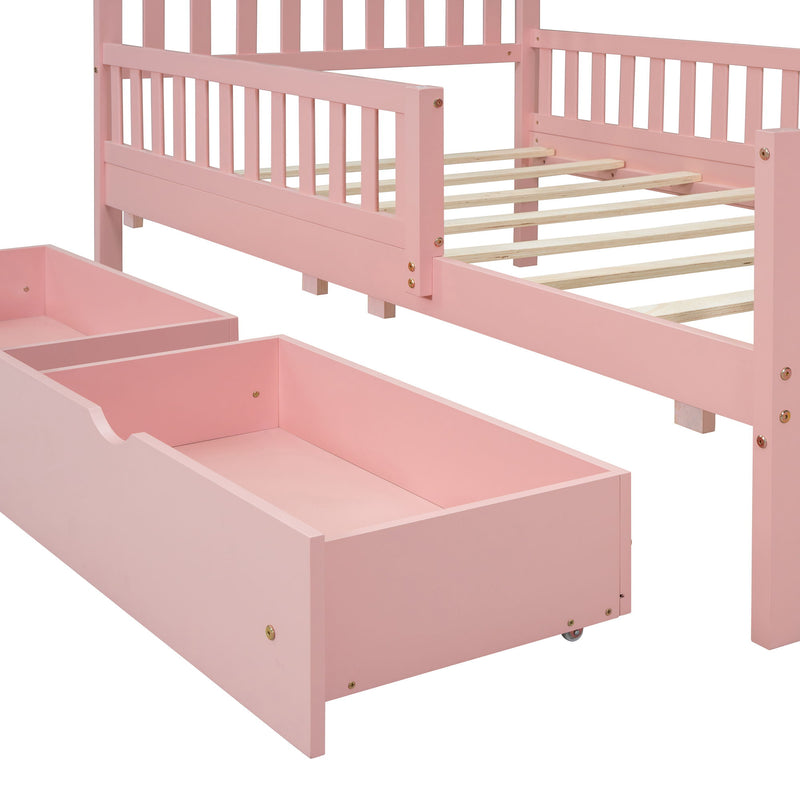 Platform Bed With Guardrails On Both Sides And 2 Storage Drawers