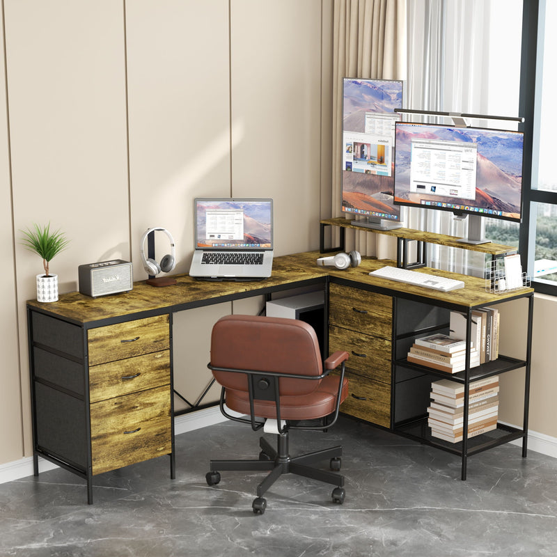 Industrial L Shaped Desk With Power Hub With 6 Drawers And Adjustable Monitor Stands - Brown