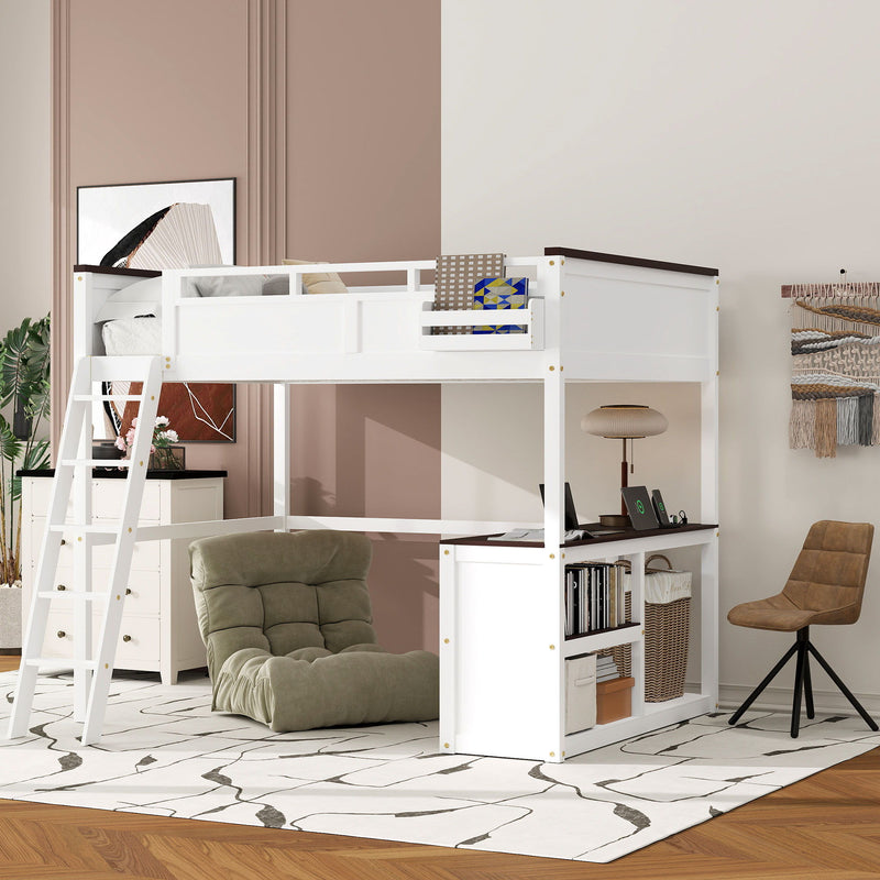 Queen Size Loft Bed With Desk, Open Shelf, Storage Box And USB Charging Station - White