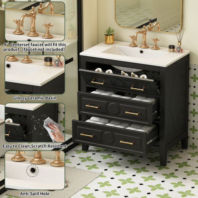 Retro Bathroom Vanity With Sink Combo, Free Standing Single Set With 3 Drawers