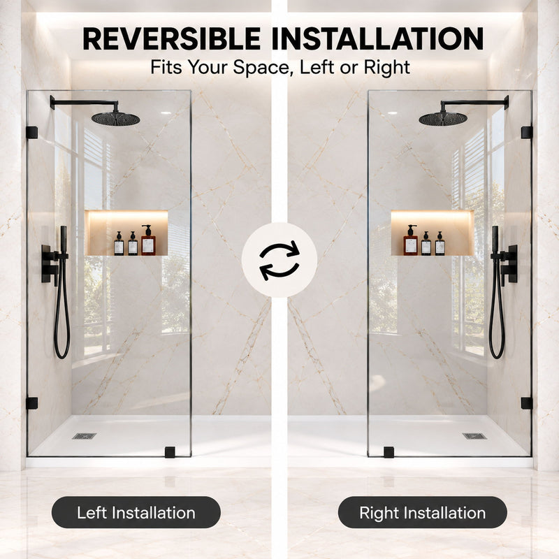 Frameless Bathtub Shower Screen, Reversible Installation