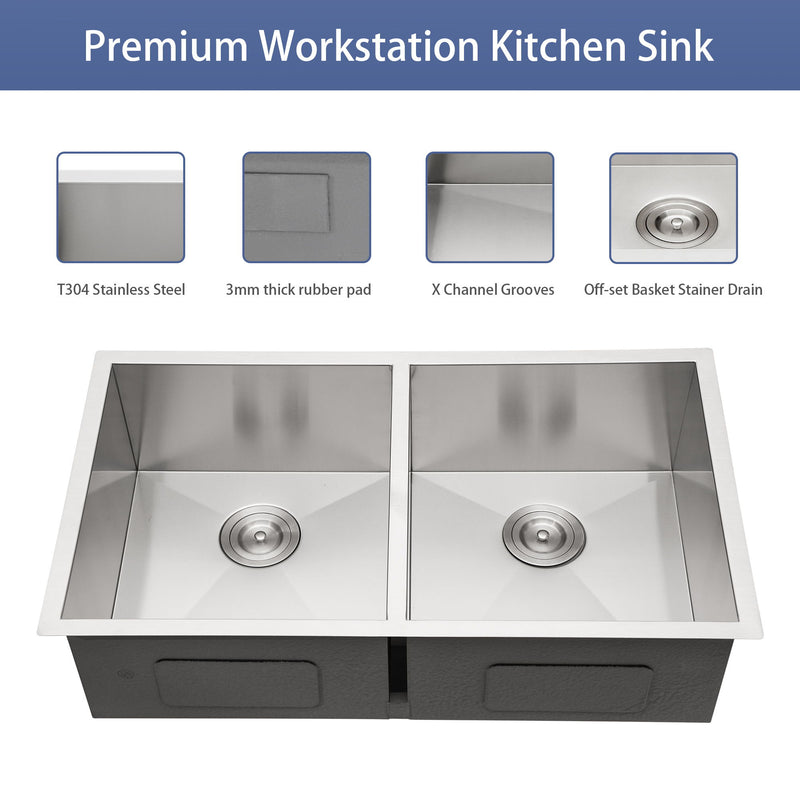 Undermount Double Bowl Kitchen Sink 16 Gauge With 9" Deep Basin - Brushed Nickel