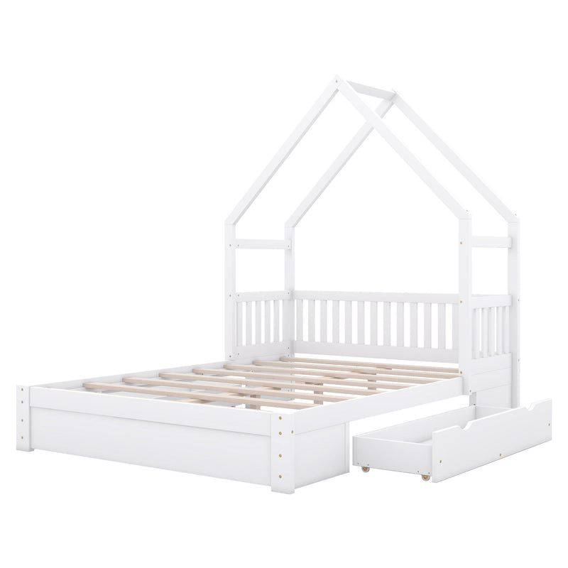 House Style Platform Bed With Guardrail And 2 Drawers
