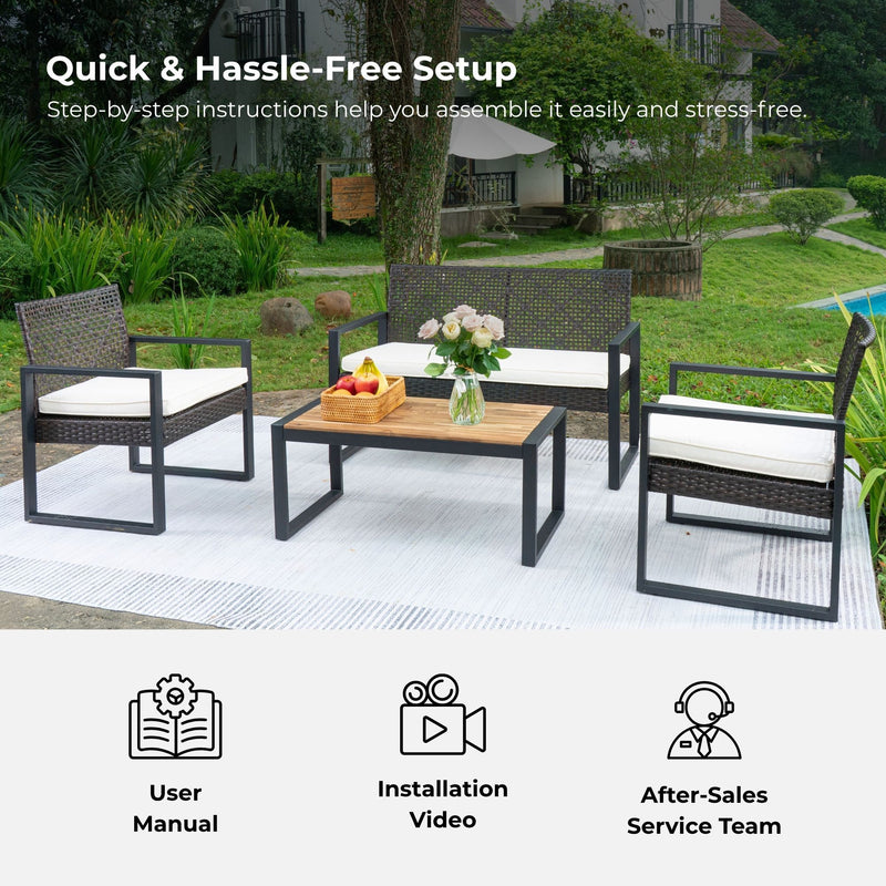 4 Piece Patio Furniture Set With Acacia Wood Table Top And Cushions
