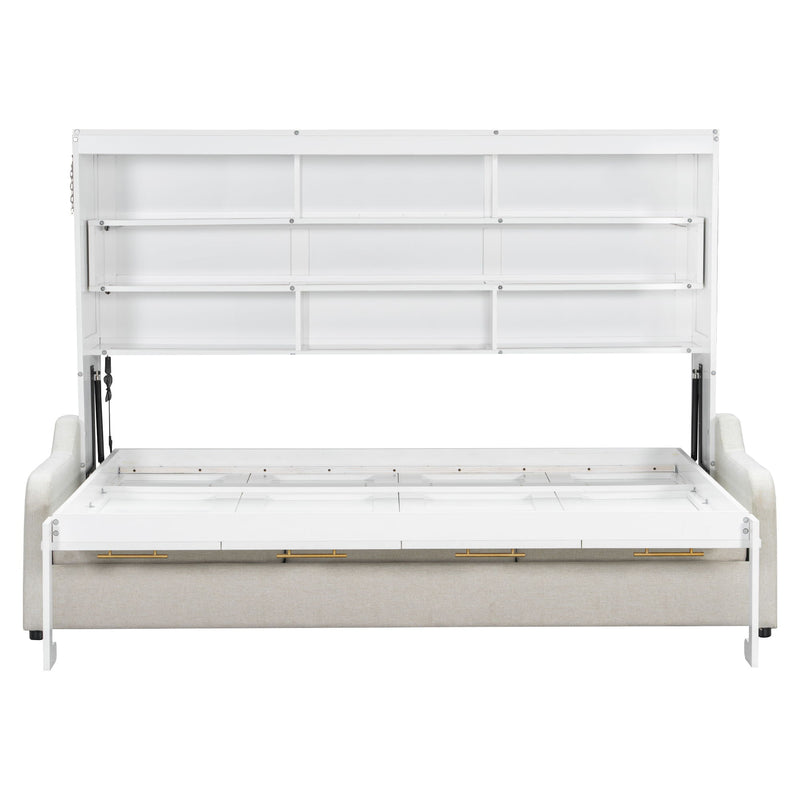 Murphy Cabinet Bed With Folding Sofa, Built In Storage Shelves And LED Light