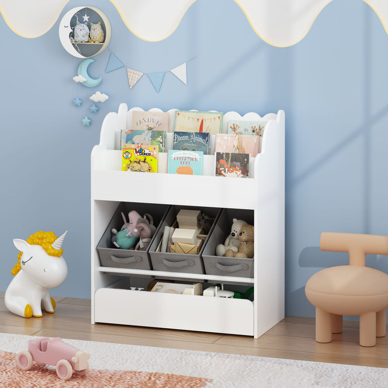 Bookshelf With Storage Bins And Drawer, Multi Functional Book Organizer For Toddlers - White