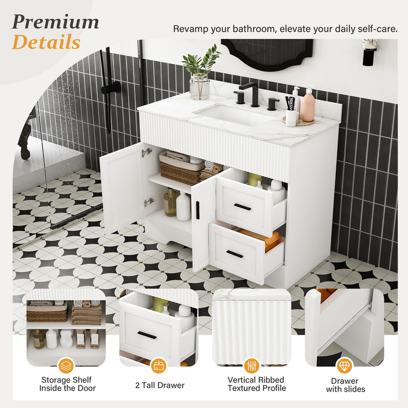 Bathroom Vanity Set, Fluted Cabinet With Soft Close Doors & Drawers, 3 Faucet Holes, Sink Included - White