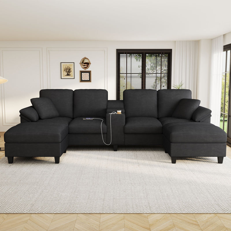Modern U - Shaped Sectional Sofa With Storage Ottomans, USB Ports, And Cup Holders