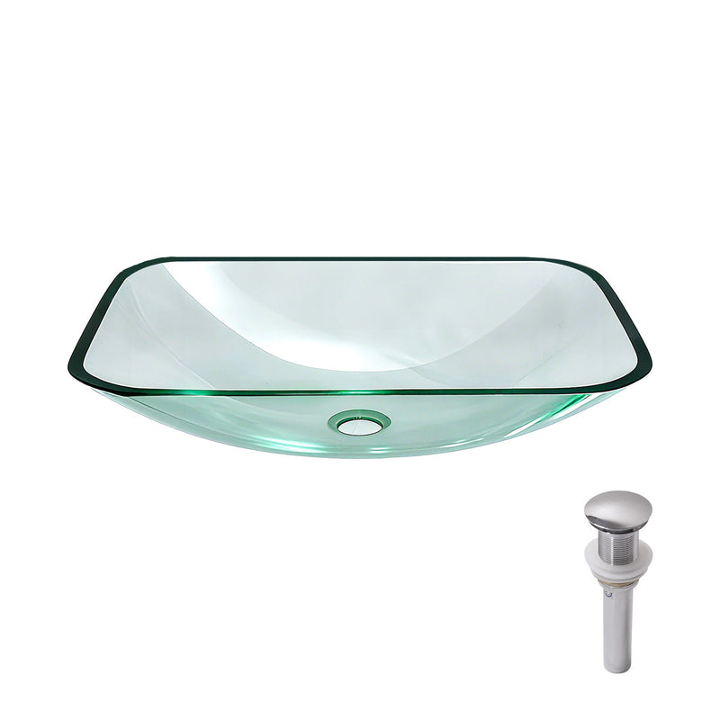 Clear Vessel Sink Rectangle Above Counter Bathroom Basin With Pop Up Drain, No Faucet - Clear
