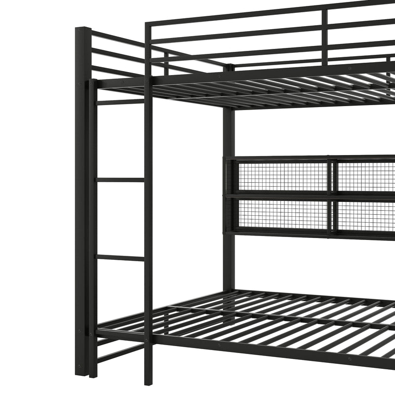 Queen Over Queen Bunk Bed With Storage Cabinets And LED Sturdy Frame, 6 Storage Units, Adjustable LED Lights - Black