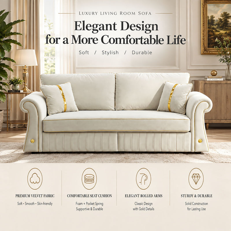 Sofa With Rolled Arms, 3 Seater Couch, Living Room Accent