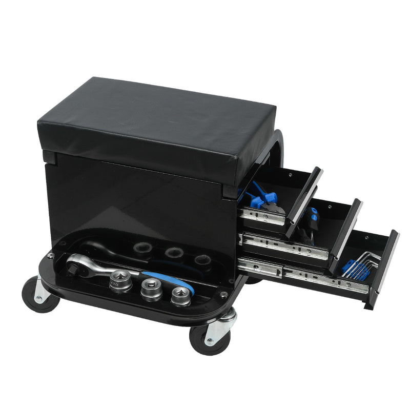Rolling Creeper Garage Seat With 3 Built In Drawers, Rolling Tool Chest For Shop Or Garage - Black