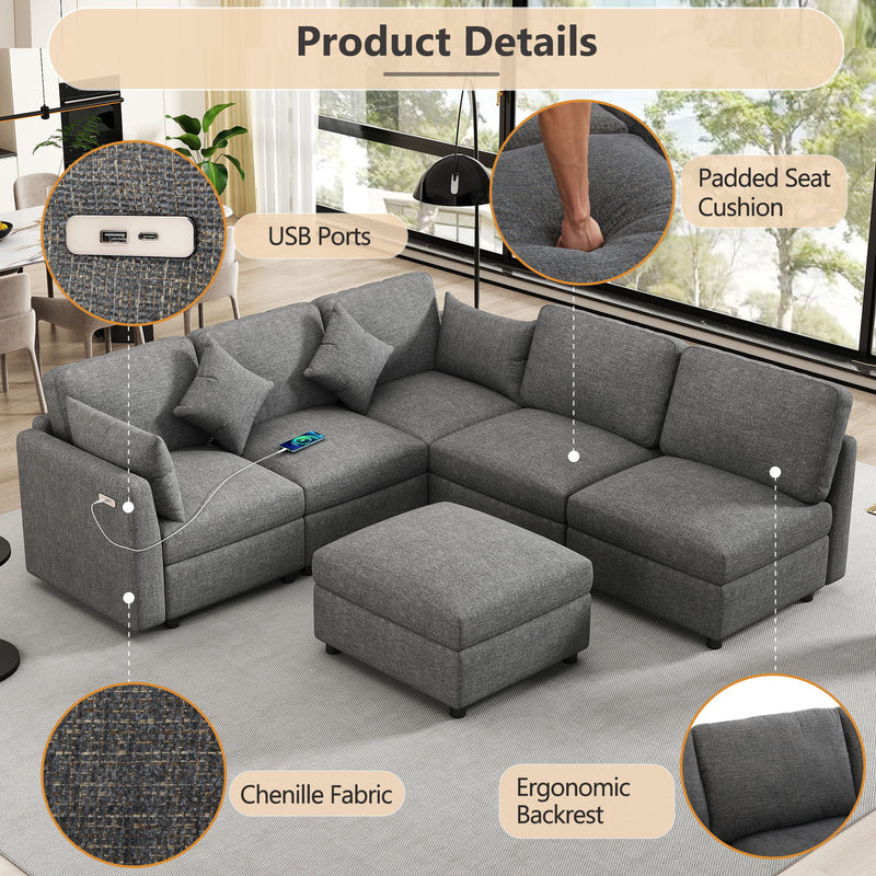 Sectional Sofa Modular U-Shaped With Ottoman & USB Ports