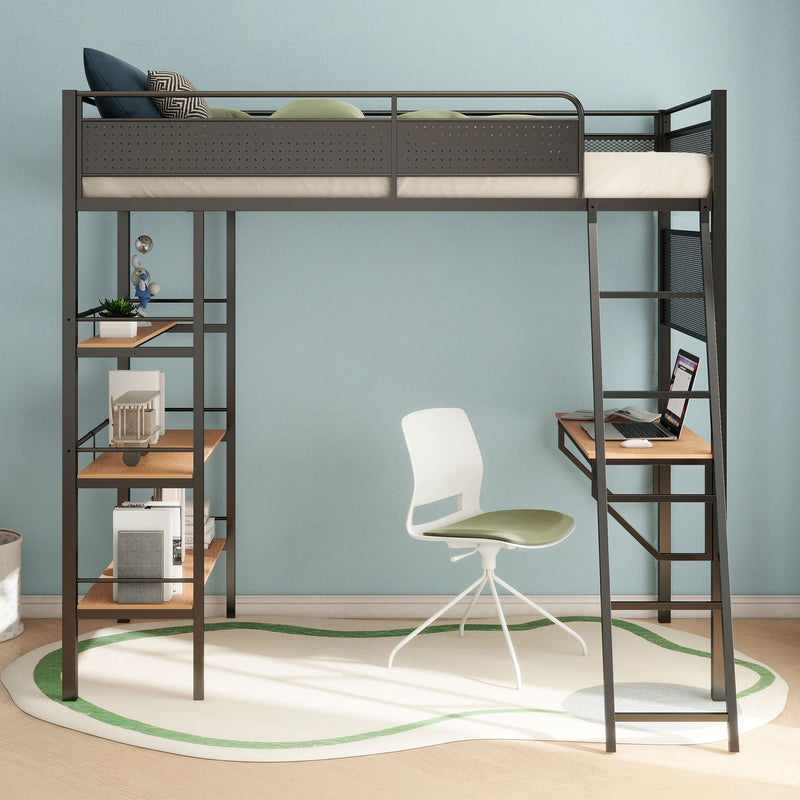 William - Twin Loft Bed 3 Shelf With Built In Desk - Matte Black