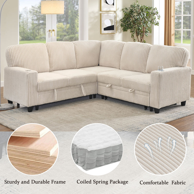 L-Shaped Sofa With Pull Out Sofa Bed With USB
