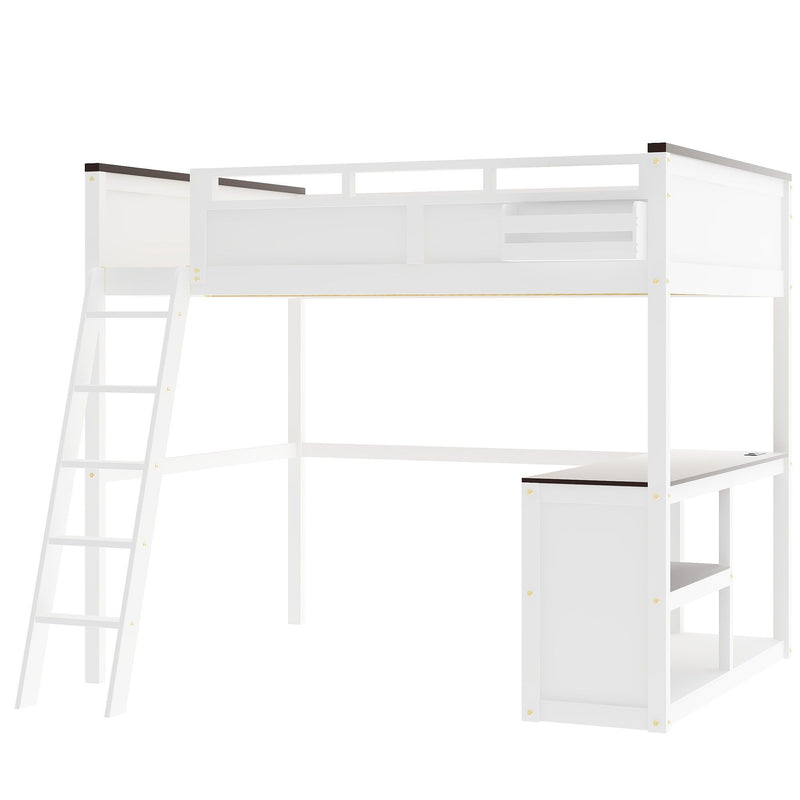 Queen Size Loft Bed With Desk, Open Shelf, Storage Box And USB Charging Station - White