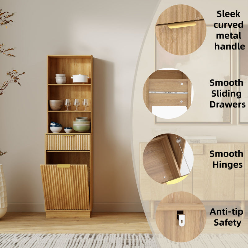 Tall Narrow Fluted Storage Cabinet With Trash Bin Compartment For Kitchen (Trash Can Not Included)