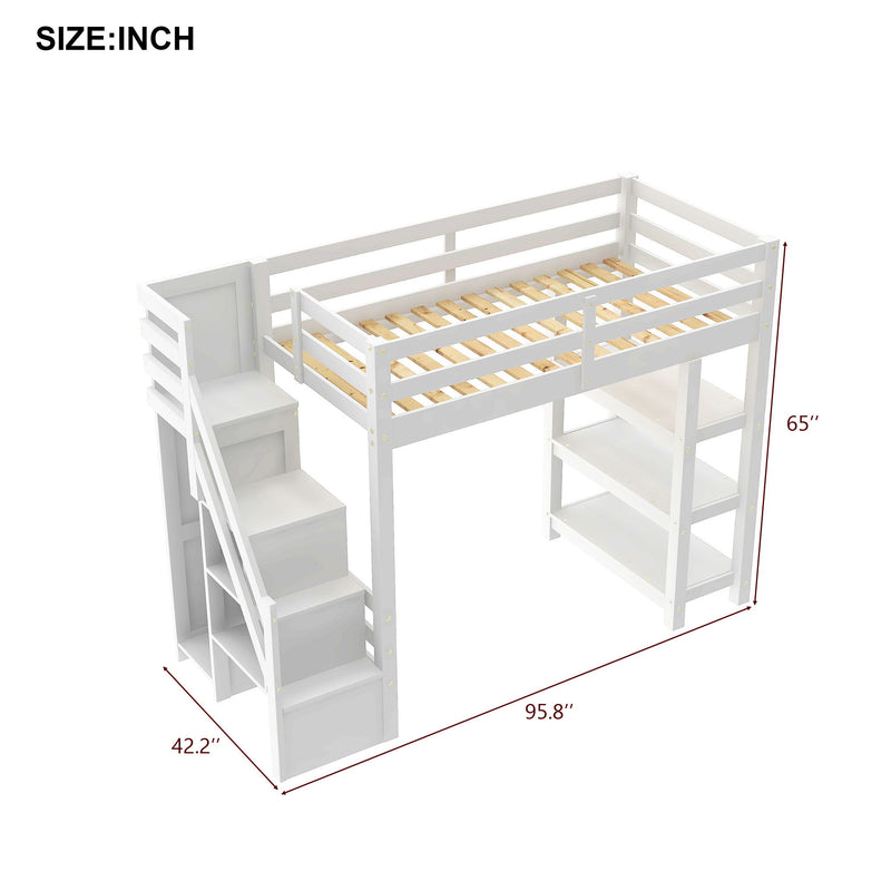 Loft Bed With 4 Layer Shelves, Storage Staircase, Small Wardrobe And LED Light
