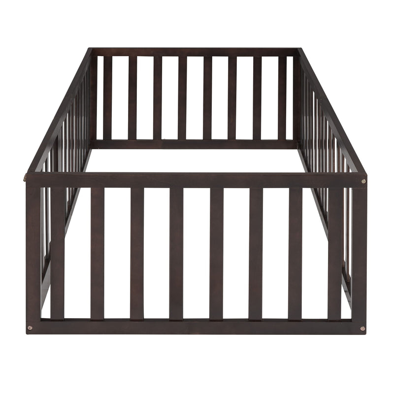 Twin Size Floor Bed Frame With Fence And Door - Walnut