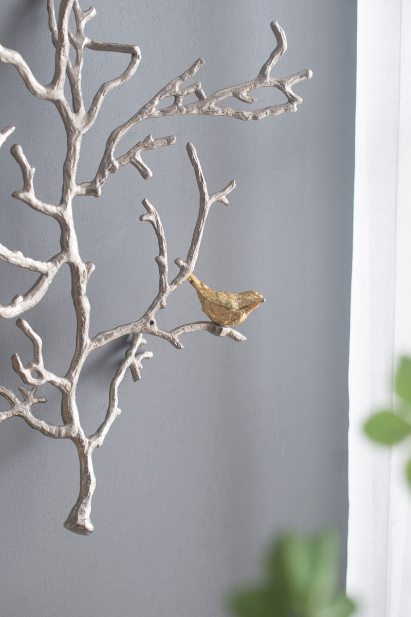 Metal Branch Wall Sculptures With Bird Accents (Set of 2) - Silver Multi