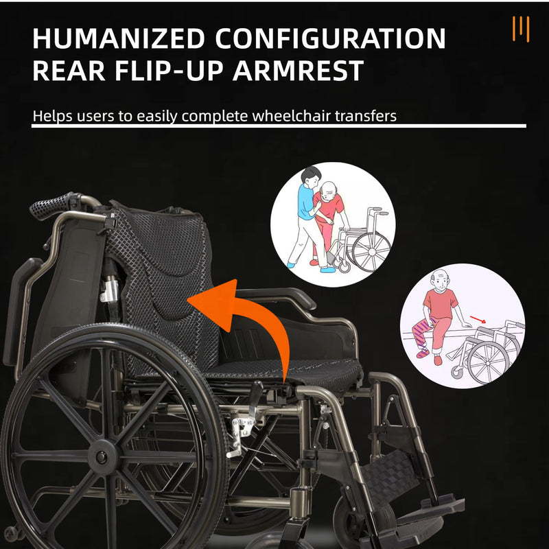 Lightweight Foldable Nursing Wheelchair For Adults Double X Force Support, 300Lbs Capacity, Breathable Cushion & Anti Backflip Design With Tires, Adjustable Seat Belt, Quick Release Wheels - Dark Gray
