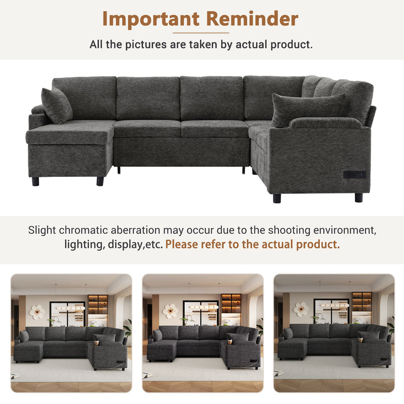 U-Shaped Sectional Sleeper Sofa With Ample Storage Space, 2 Cup Holders And Charging Ports For Living Room