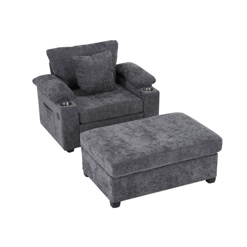 Modern Oversized Chair With Ottoman, Cupholders And USB Charging Ports