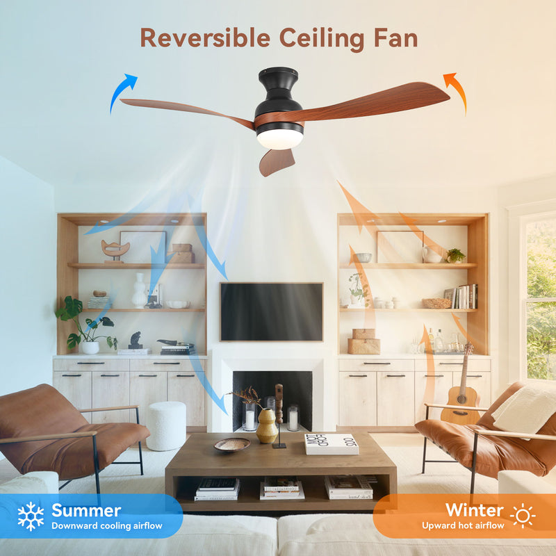 Ceiling Fan With Remote Controlled LED Light, 3 Blades, Reversible DC Motor, 6 Speeds, Dimmable, Flush Mount - Black