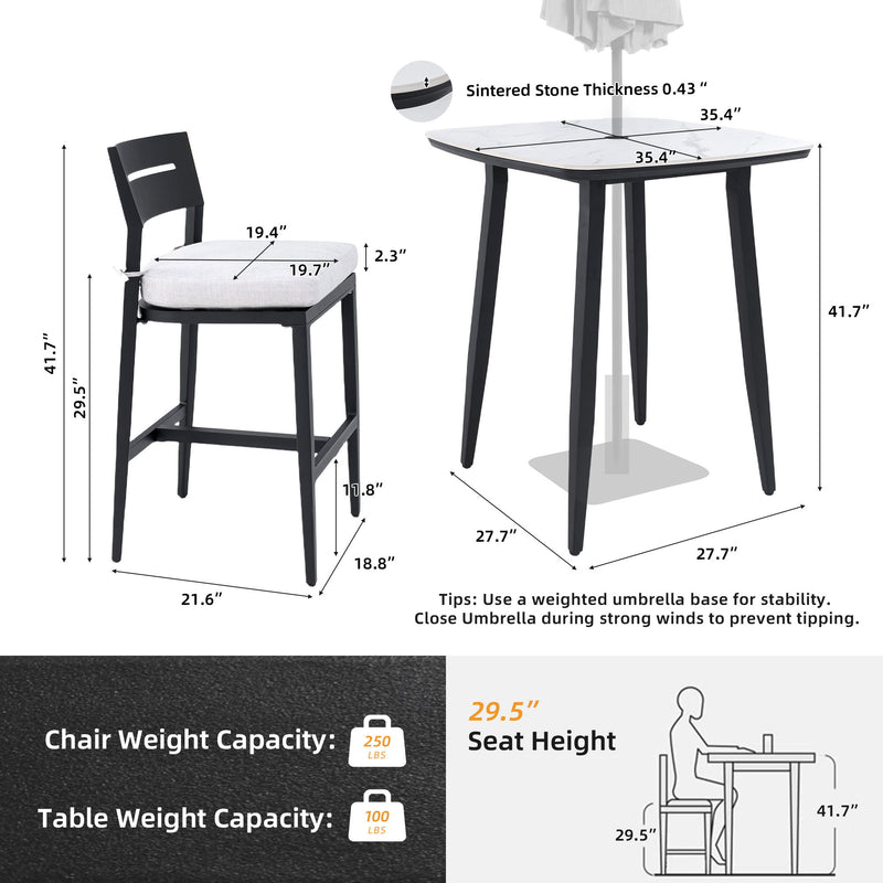 5 Pieces Outdoor Patio Bar Set, Rounded Square Table & 4 Aluminum Bar Stools