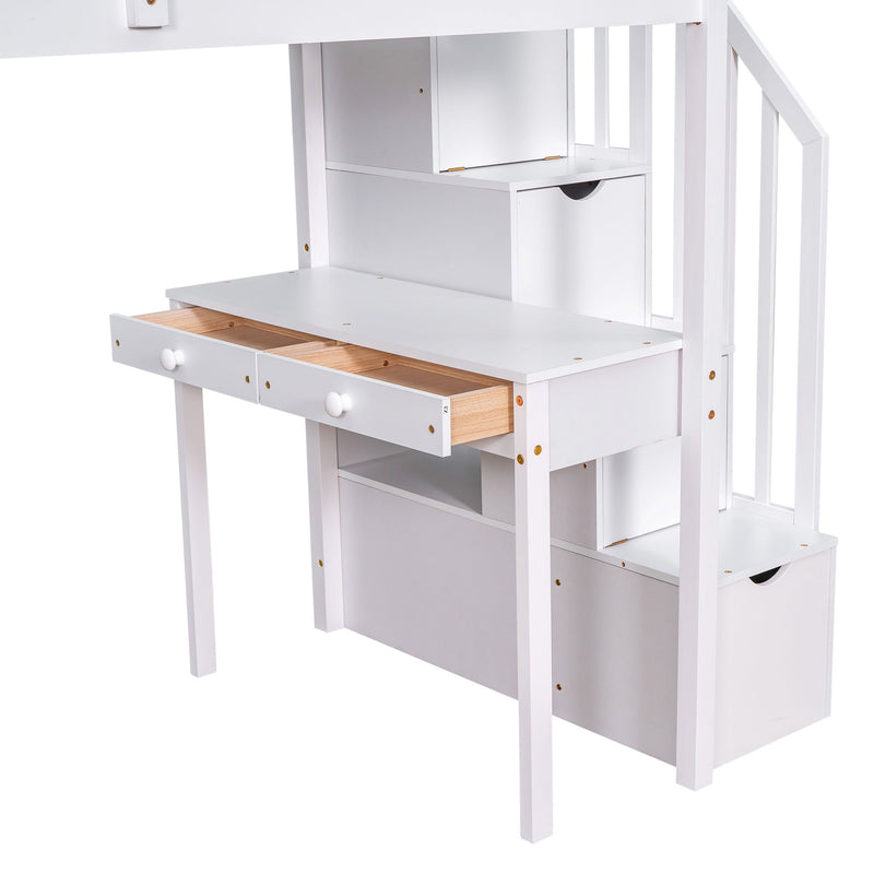 Loft Bed With Storage Drawers, Desk And Stairs With Shelves