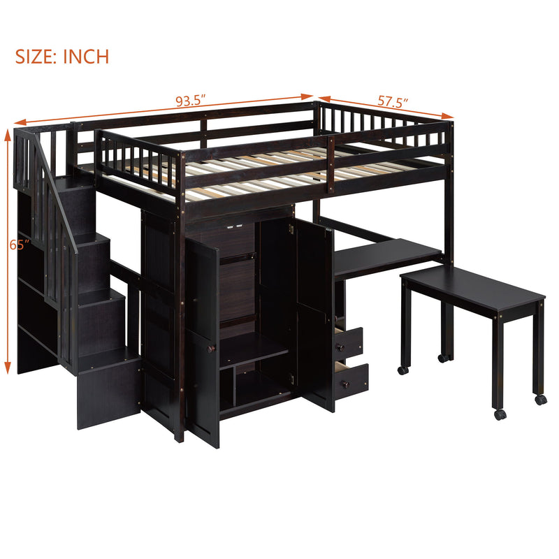Loft Bed With Stairs, Bookshelf, Drawers, Desk & Wardrobe, Space Saving Multifunctional Furniture