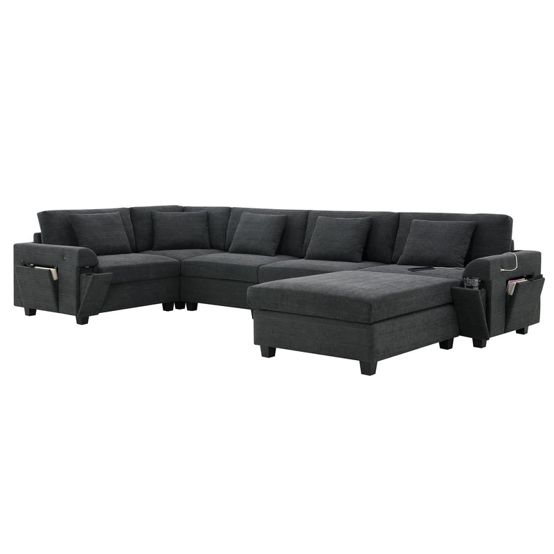 U Shaped Sectional Sofa 6 Seat Couch Set With Oversized Ottoman, Hidden Armrest Storage And Cup Holders USB Charging Ports Wide Seat Sofa