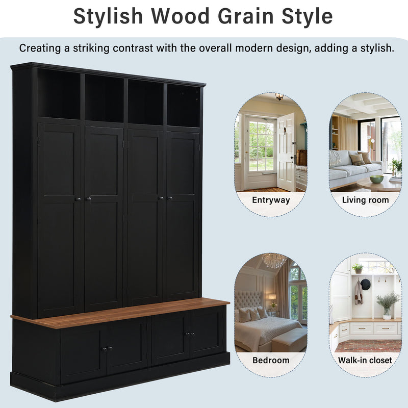 Hall Tree With Bench And Cabinet, 4 In 1 Entryway Bench With Coat Rack