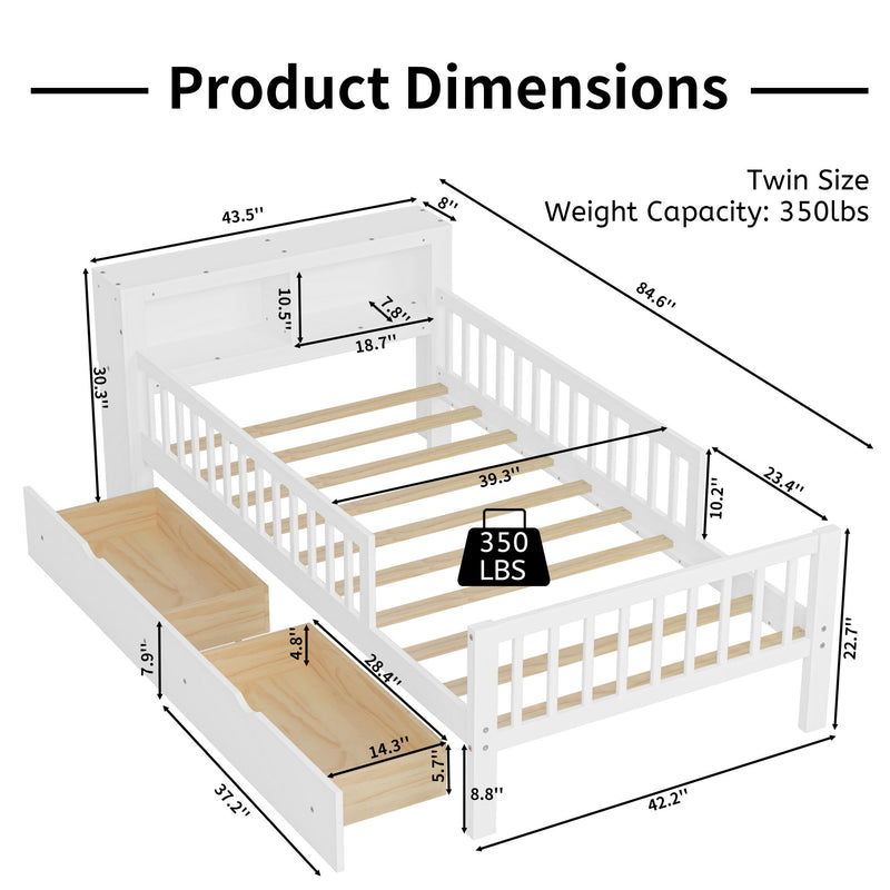 Bed With Headboard Storage Rack, 2 Under Bed Drawers, 3 Side Guardrails For Safety