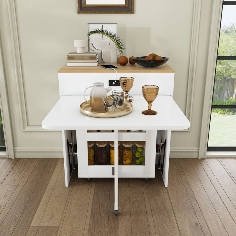 Extendable Dining Table With Power Socket, Lockable Casters, Storage Cabinet