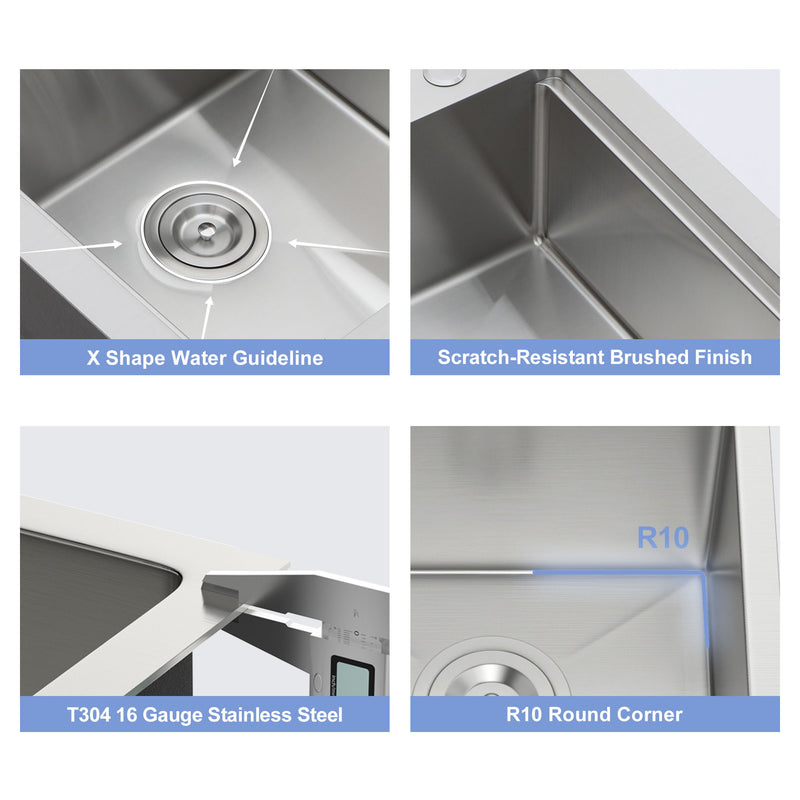 21" Drop In Kitchen Sink With Pull Out Faucet And Sink Cover, 16 Gauge - Brushed Nickel