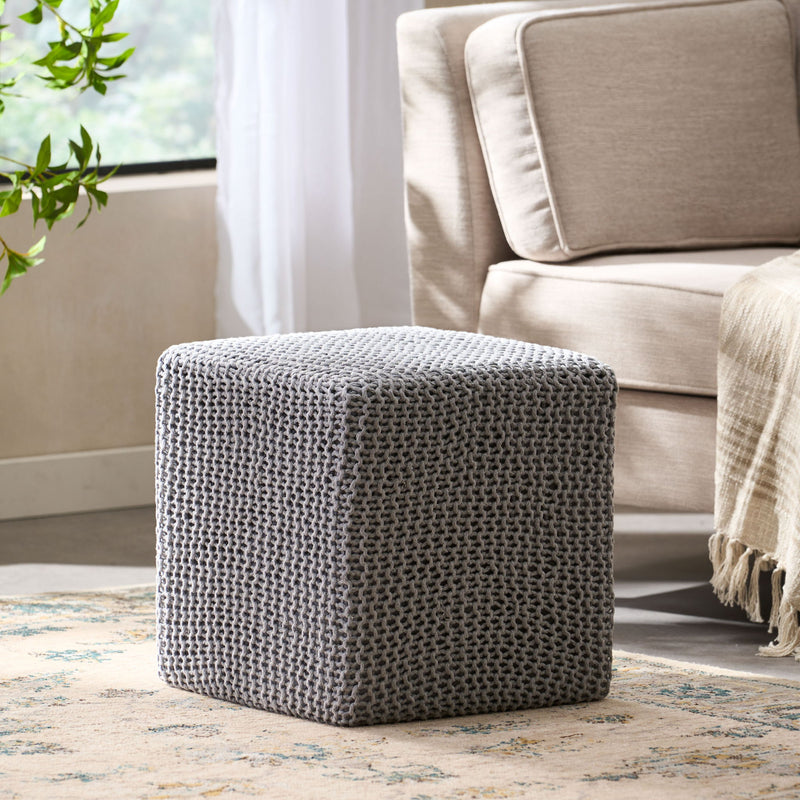 Chabani - Indoor Modern Knitted Fabric Cube Pouf Ottoman - Light Gray